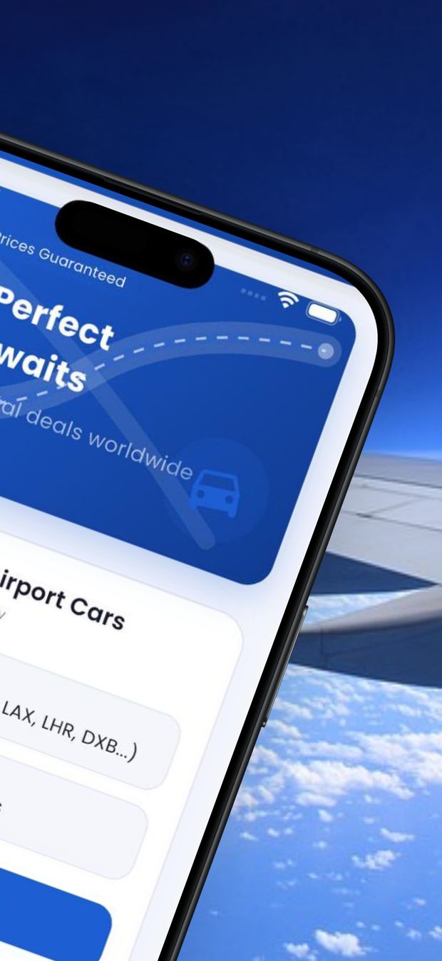 Close-up of the app hero card reading Your perfect ride awaits, with the search airport cars panel beneath it.