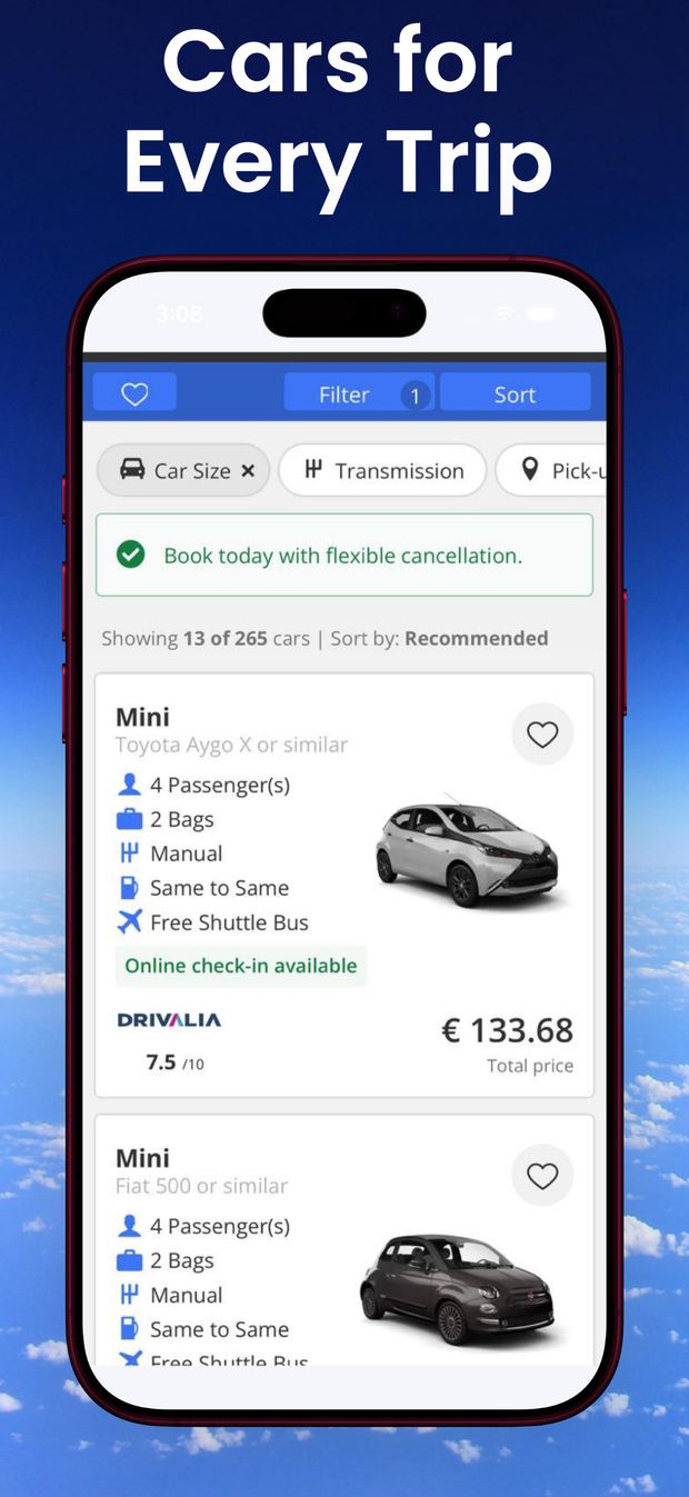 AirportCarRentals.co app search results screen listing Mini class cars with passenger capacity, luggage space, transmission, fuel policy and total price.