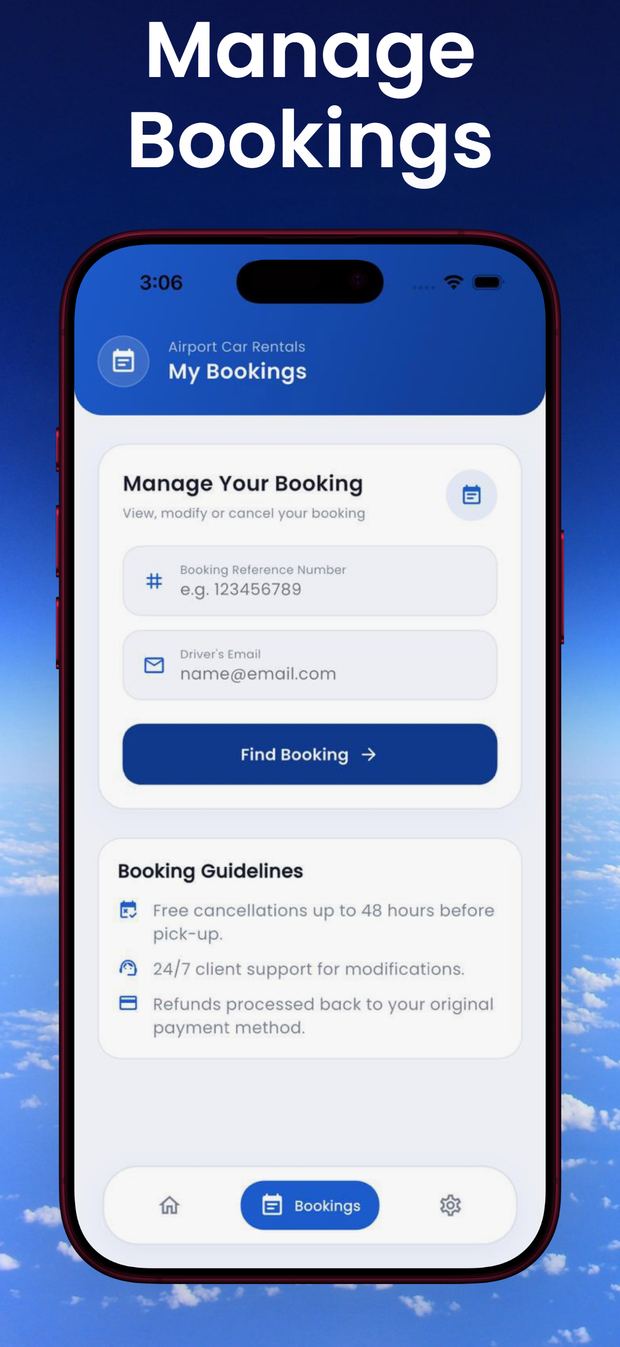 The My Bookings screen, where a booking reference number and driver's email retrieve an existing reservation, alongside booking guidelines.