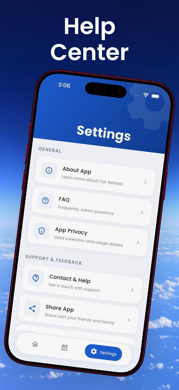 The Settings and Help Centre screen with About App, FAQ, App Privacy, Contact and Help, and Share App options.